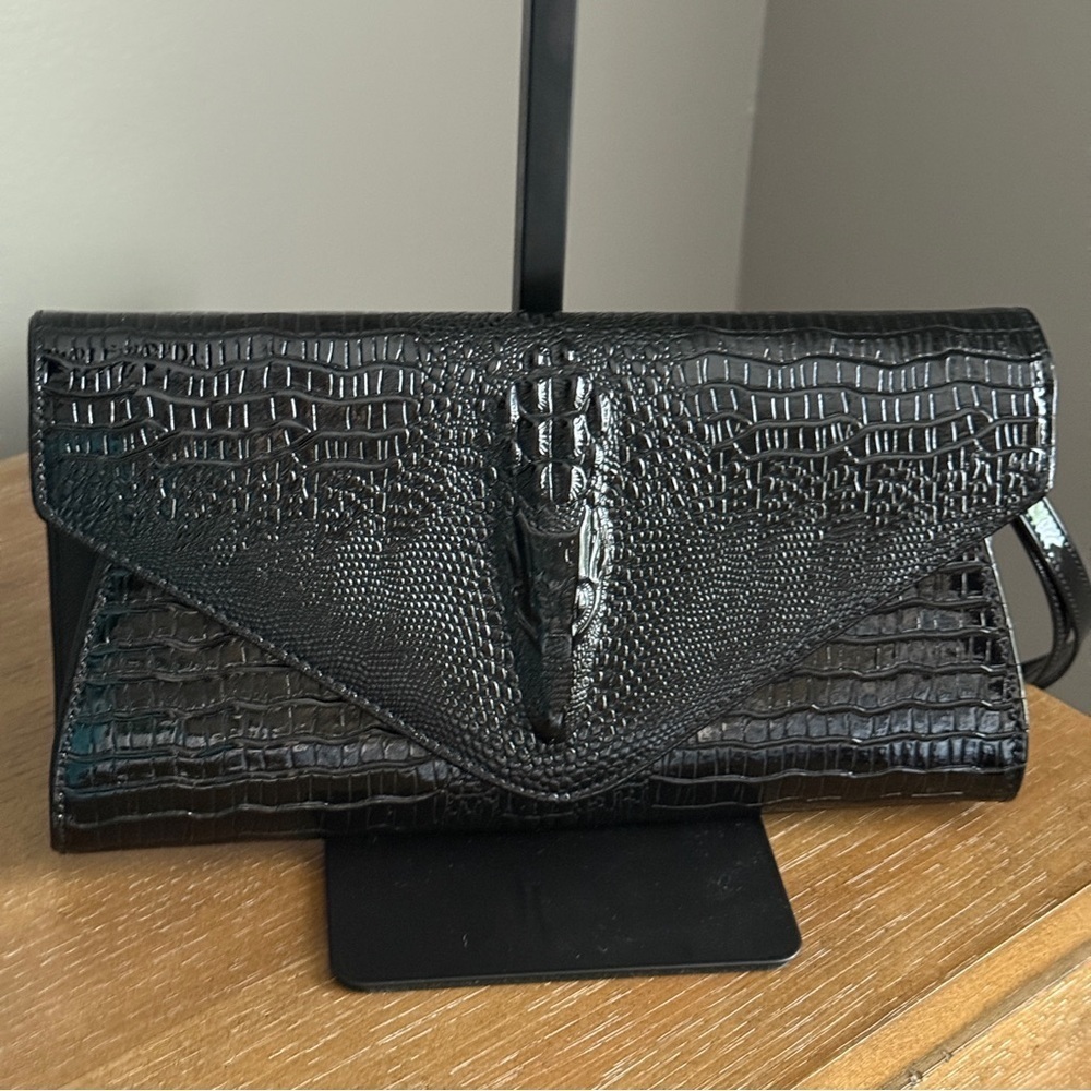 Crocodile Pattern Women Clutch Purse Envelope Bag Black - Picture 1 of 8